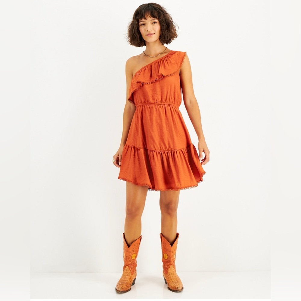 Bar III Brick Orange One-Shoulder Dress, New, Size XS
